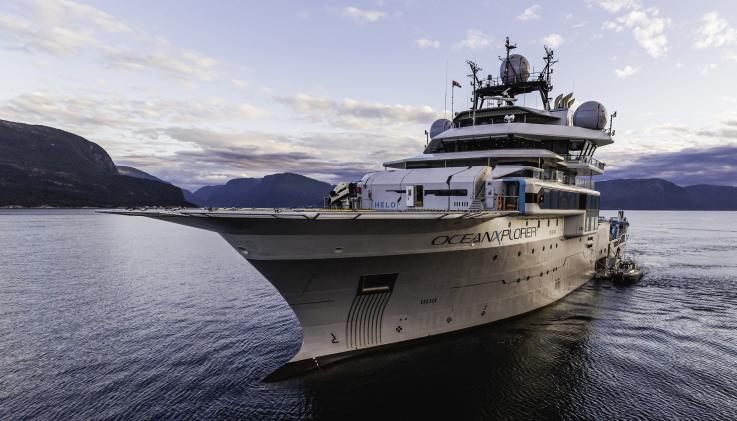 Caption Information: OceanX’s new research vessel, OceanXplorer, in the fjords of Norway. Credit: Taj Howe